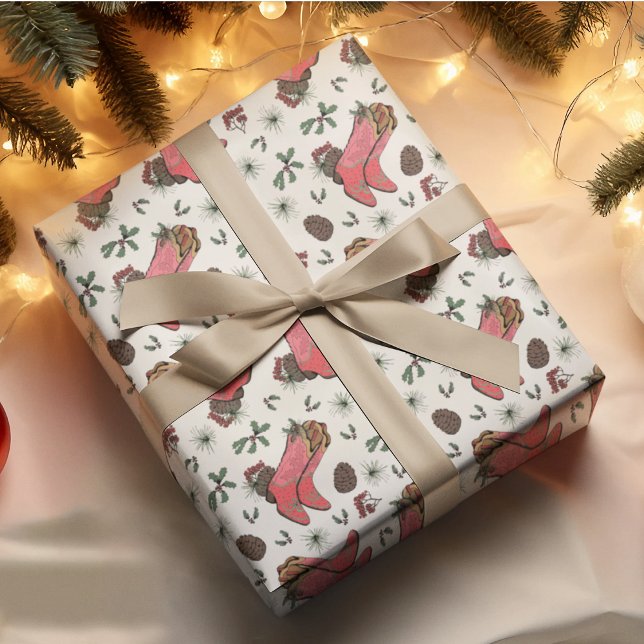 Western Ivory Xmas Cowboy Boots, Pinecones Berries Wrapping Paper (Country Xmas Cowgirl Boots, Pinecones, Holly Berries & Pine. Hand-Drawn Illustrations in Black Ink. )
