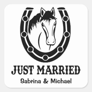 Western Just Married Horse Country Rustic Wedding Square Sticker