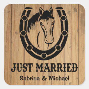 Western Just Married Horse Country Wood Wedding Square Sticker