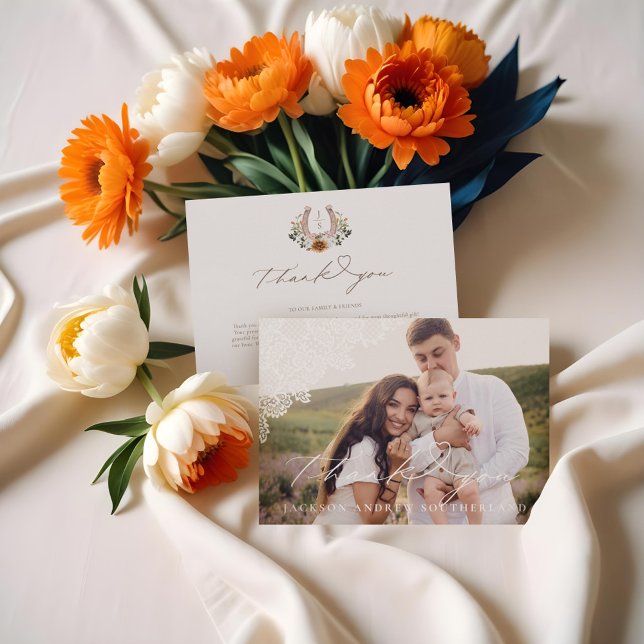 Western Lace Floral Horseshoe Baby Photo Thank You Card (Western Lace Floral Horseshoe Baby Photo Thank You Card)