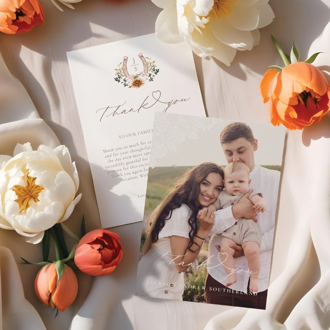 Western Lace Floral Horseshoe Baby Photo Thank You Card (Western Lace Floral Horseshoe Baby Photo Thank You Card)