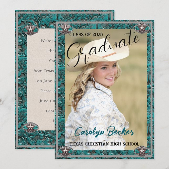 Western Leathe Cowgirl Photo Graduation Invitation (Front/Back)