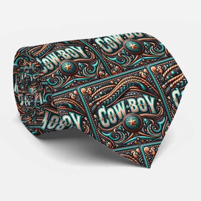 Western Leather Braid And Turquoise Print Cowboy Tie (Rolled)