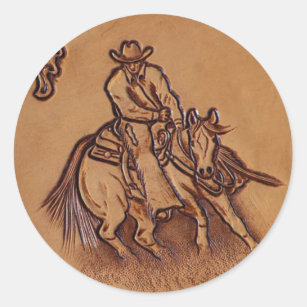 Western leather horseback Riding Rodeo Cowboy Classic Round Sticker