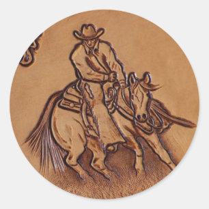 Western leather horseback Riding Rodeo Cowboy Classic Round Sticker