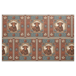 Western Leather Print Brown Turquoise With Steer Fabric