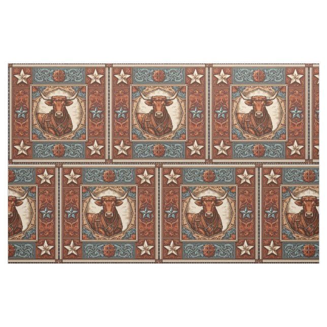 Western Leather Print Brown Turquoise With Steer Fabric (Fat Quarter)