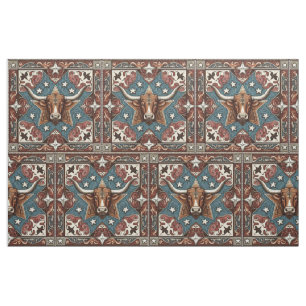Western Leather Print Brown Turquoise with Steer Fabric