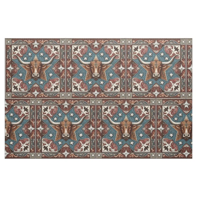 Western Leather Print Brown Turquoise with Steer  Fabric (Fat Quarter)