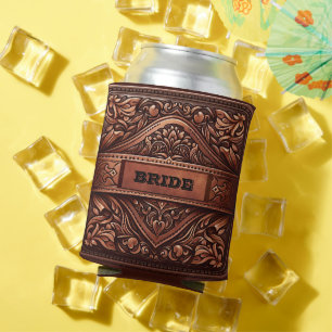 Western Leather Print Brown Wedding Bride custom Can Cooler