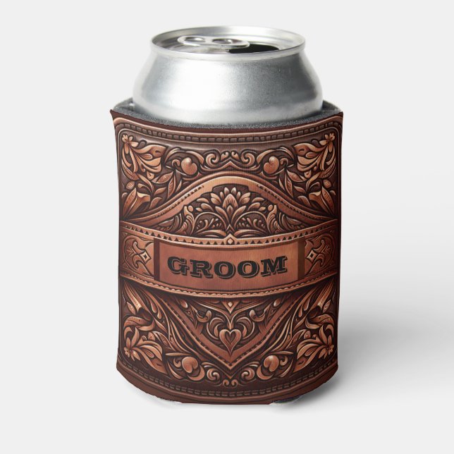 Western Leather Print Brown Wedding Groom Can Cooler (Can Back)