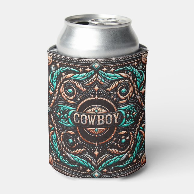 Western Leather Print Cowboy Custom Name Can Cooler (Can Front)