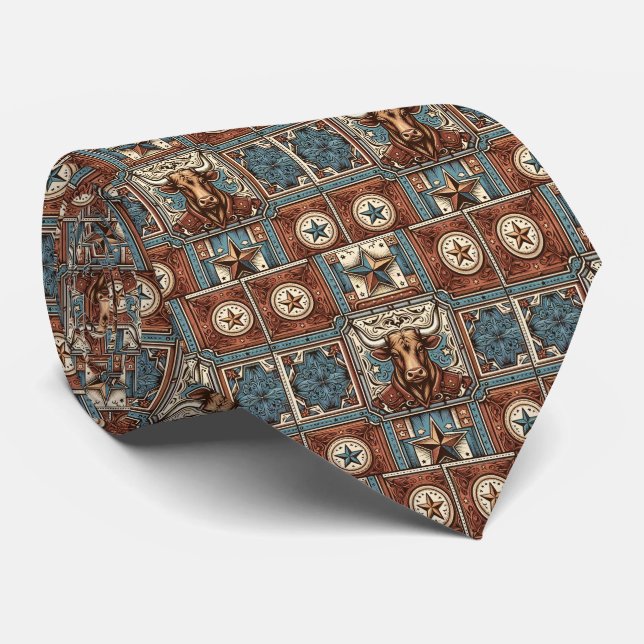Western Leather Print Steer Bull Turquoise Brown Tie (Rolled)