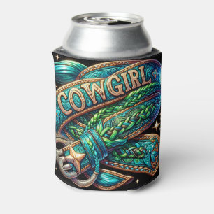 Western Leather Print Turquoise Braid Cowgirl Can Cooler