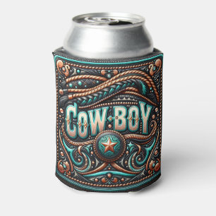 Western Leather Print  Turquoise Brown Cowboy Can Cooler