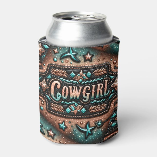 Western Leather Print  Turquoise Brown Cowgirl Can Cooler (Can Front)