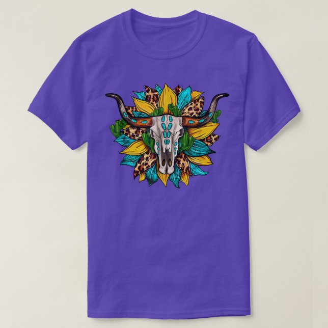 Western Leopard Bull Skull Sunflower  T-Shirt (Design Front)