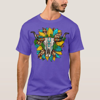 Western Leopard Bull Skull Sunflower  T-Shirt