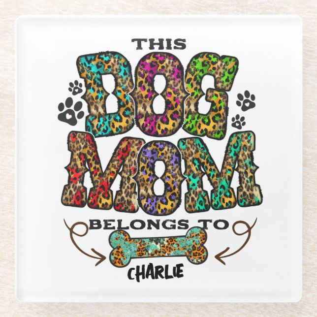 Western Leopard Patch Pattern Dog Mum Bone Pet Glass Coaster (Front)
