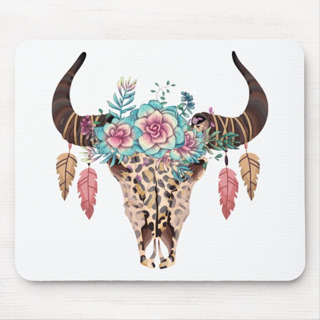 Western Leopard Print Floral Bull Mouse Mat (Front)