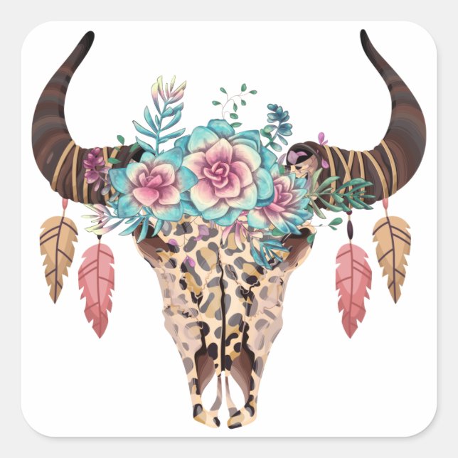 Western Leopard Print Floral Bull Square Sticker (Front)