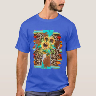 Western Leopard Serape Sunflower Christian Cross  T-Shirt