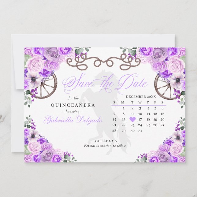 Western Lilac Charro Quinceañera Save The Date Invitation (Front)