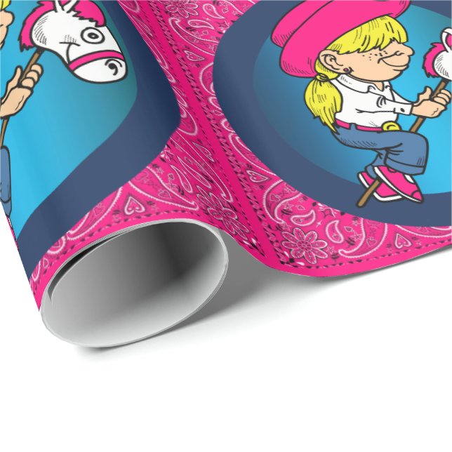 Western Little Cartoon Cowgirl On Stick Horse Wrapping Paper (Roll Corner)
