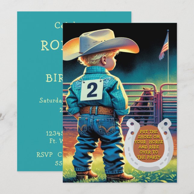 Western Little Cowboy 2nd Birthday Rodeo Custom  Invitation (Front/Back)