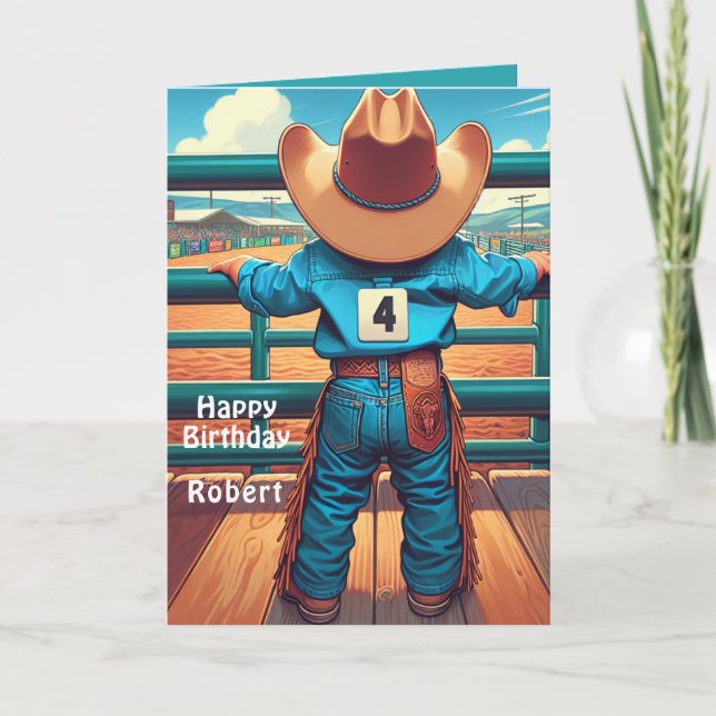 Western Little Cowboy 4th Birthday Rodeo Custom   Card (Front)