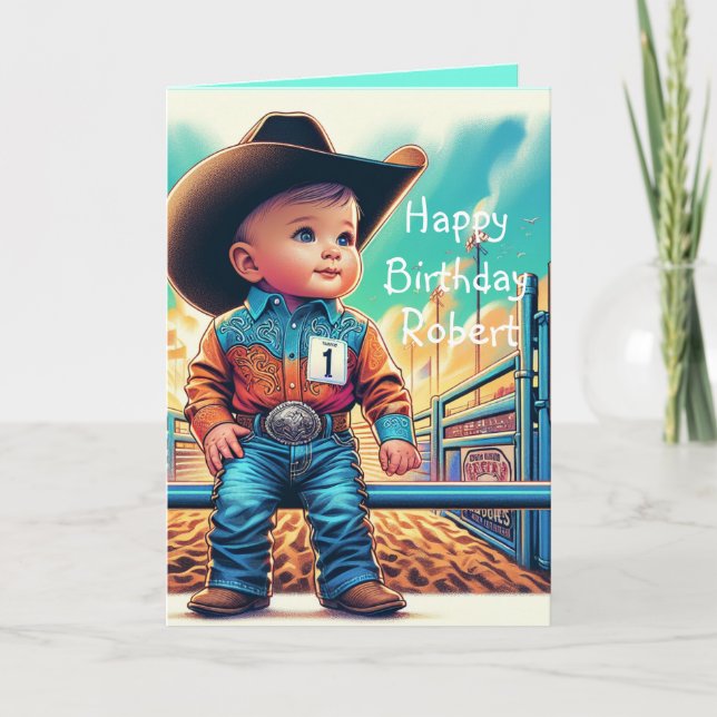 Western Little Cowboy First Birthday Rodeo Custom Card (Front)