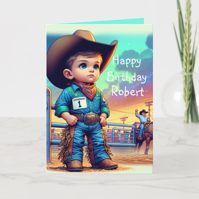 Western Little Cowboy First Birthday Rodeo Custom Card (Front)