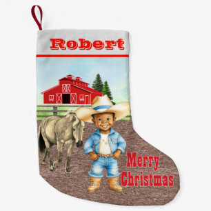Western Little Cowboy with Horse and Barn  Small Christmas Stocking