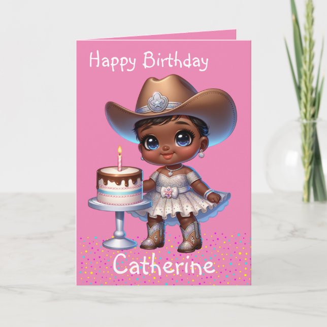 Western Little Cowgirl First Birthday Custom Card (Front)