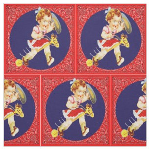Western Little  Cowgirl On Stick Horse Fabric