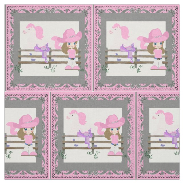 Western Little  Cowgirl On Stick Horse Fabric 4.5" (Swatch)