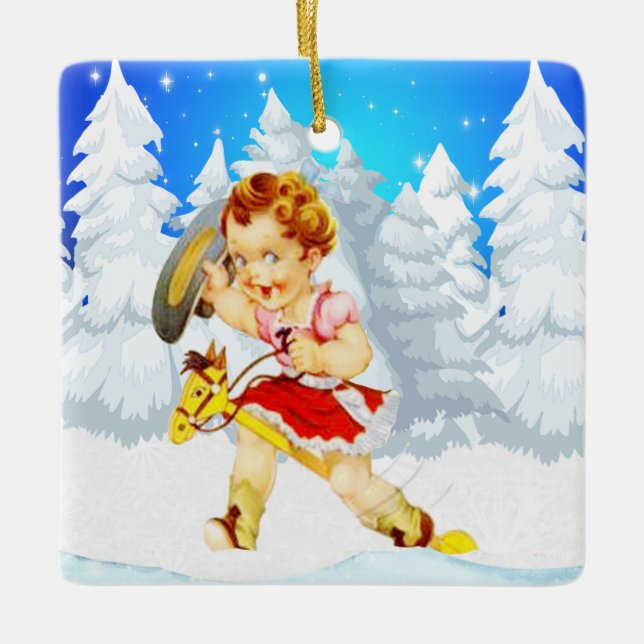 Western Little Cowgirl On Stick Horse Winter Scene Ceramic Ornament (Front)