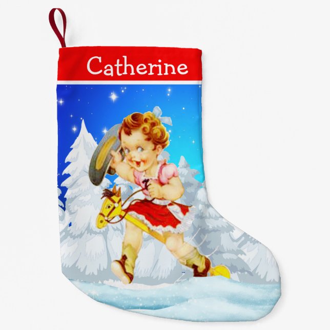 Western Little Cowgirl On Stick Horse Winter Scene Small Christmas Stocking (Front)
