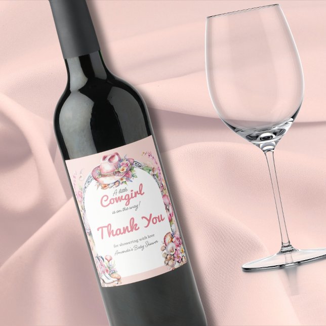 Western Little Cowgirl Pink Coastal Baby Shower Wine Label (Creator Uploaded)