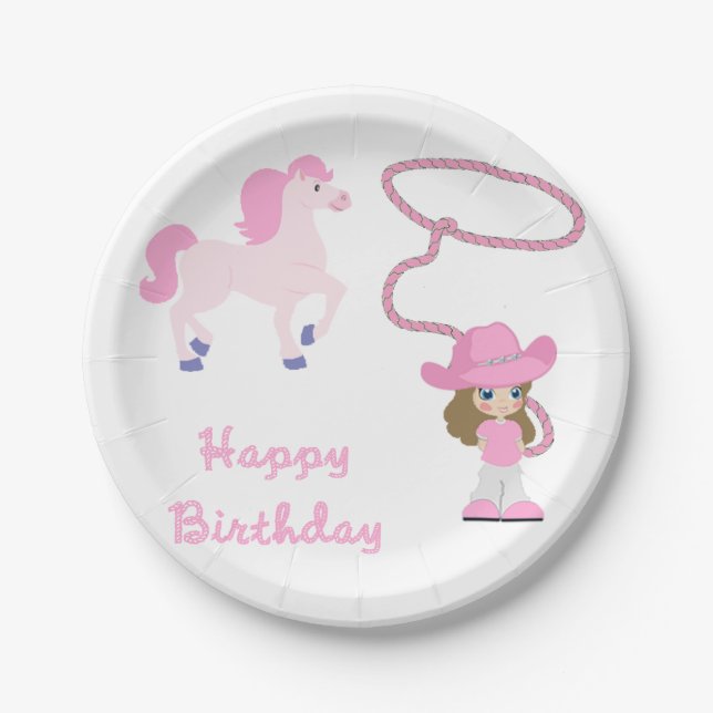 Western Little Cowgirl With Horse Happy Birthday Paper Plate (Front)