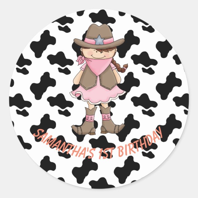 Western little girl birthday party sticker (Front)