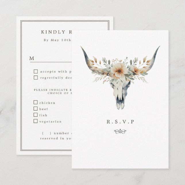 Western longhorn skull meal choices wedding RSVP (Front/Back)