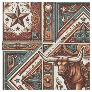 Western Longhorn Steer Brown and Teal Fabric