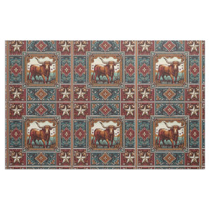 Western Longhorn Steer Turquoise Brown and Tan Fabric