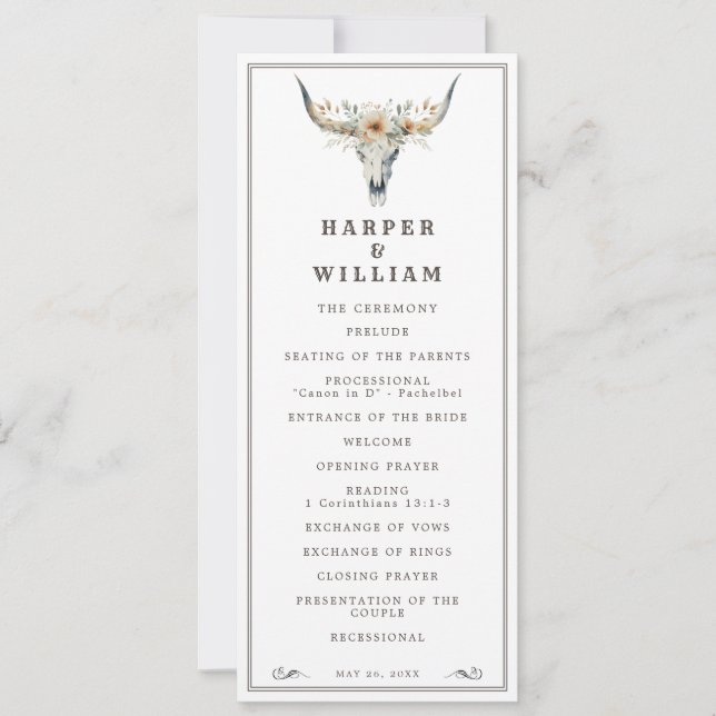 Western longhorn wedding program invitation (Front)