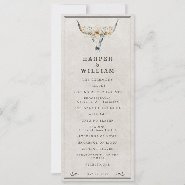 Western longhorn wedding program invitation (Front)