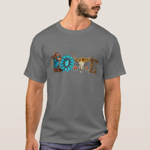 Western Love Cowgirl Boot Turquoise Bull Skull Rod T-Shirt