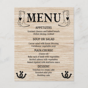 Western Menu Country Wedding Cowboy Boots Wood