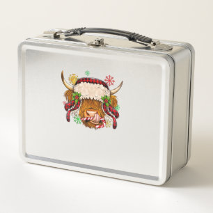 Western Merry Christmas Highland Cow Xmas Farm Ani Metal Lunch Box