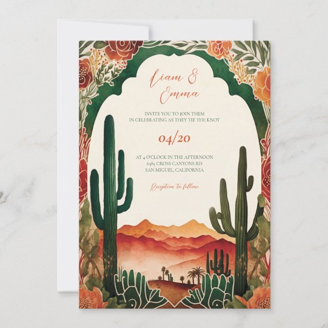 Western Mexican Cactus Desert Wedding Invitation (Front)